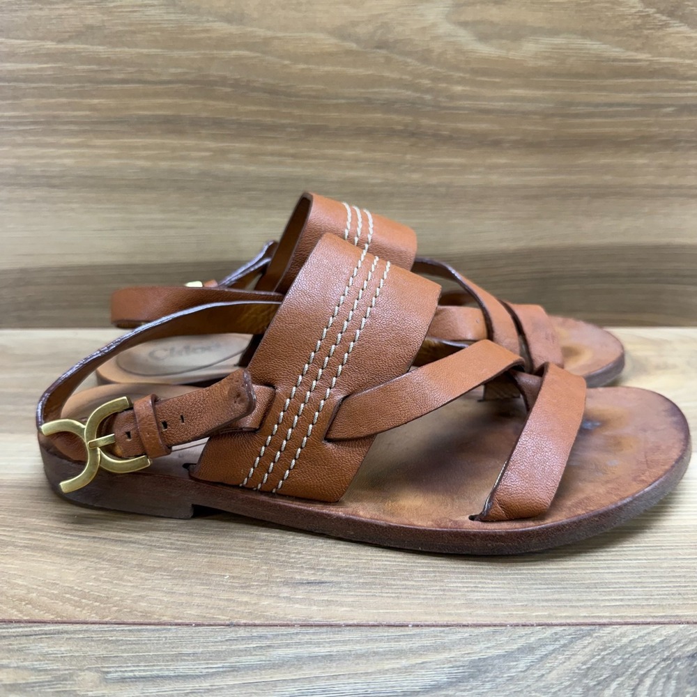 Chloe‎ Cognac Leather Sandals Womens 6 EU 36 STrappy Leather Slingback